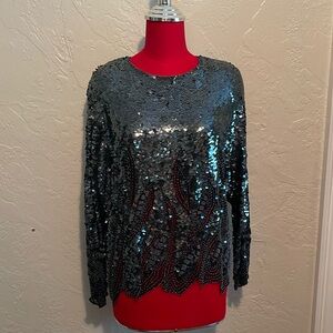 Oleg Cassini Vintage Sequin Long Sleeve Dress Up Top